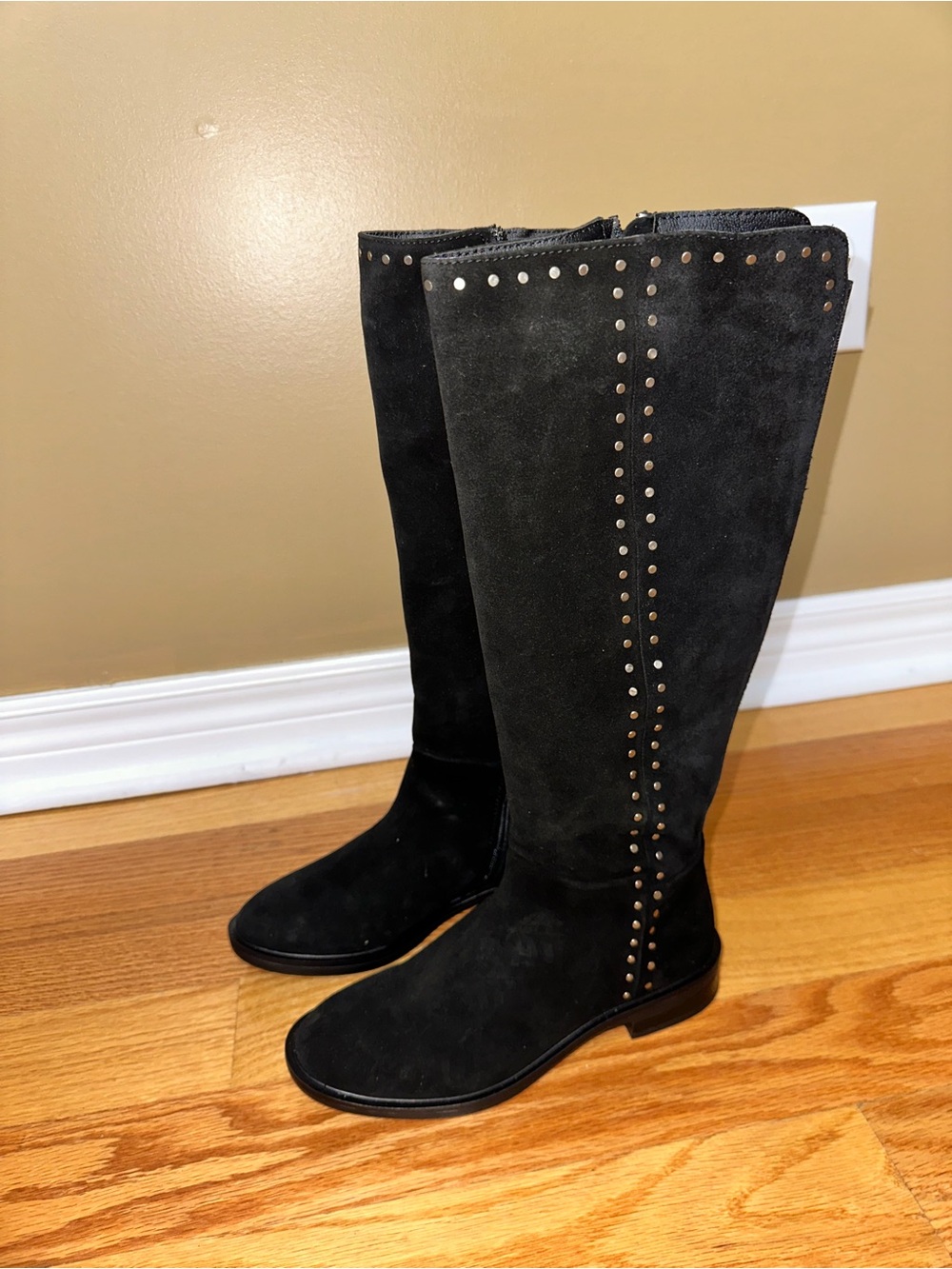 Women's Black Suede Knee-High Studded Boots